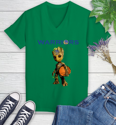 Golden State Warriors NBA Basketball Groot Marvel Guardians Of The Galaxy Women's V-Neck T-Shirt 5