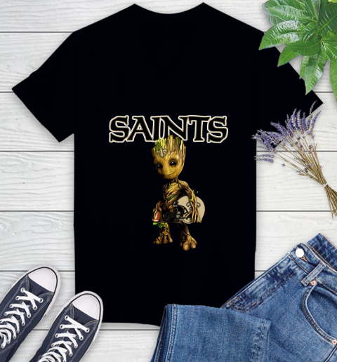 New Orleans Saints NFL Football Groot Marvel Guardians Of The Galaxy Women's V-Neck T-Shirt 2