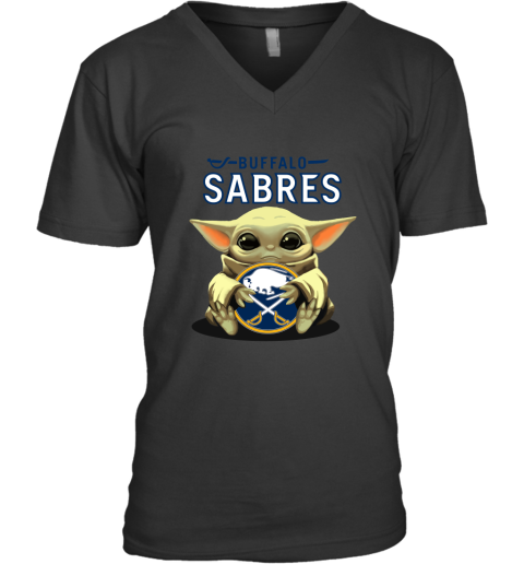 Baby Yoda Hugs The Buffalo Sabres Ice Hockey V-Neck T-Shirt