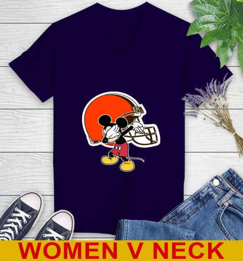 Cleveland Browns NFL Football Dabbing Mickey Disney Sports Women's V-Neck T-Shirt 4