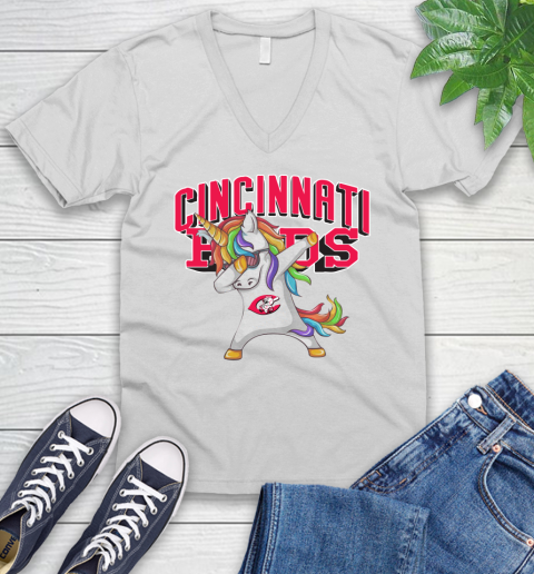 Cincinnati Reds MLB Baseball Funny Unicorn Dabbing Sports V-Neck T-Shirt