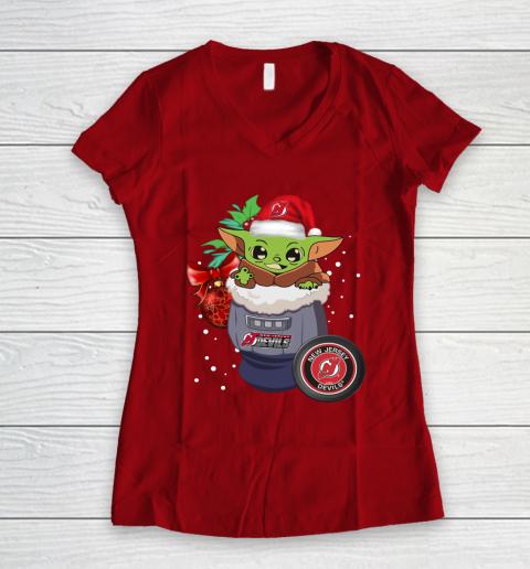New Jersey Devils Christmas Baby Yoda Star Wars Funny Happy NHL Women's V-Neck T-Shirt 10