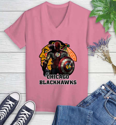 NHL Captain America Thor Spider Man Hawkeye Avengers Endgame Hockey Chicago Blackhawks Women's V-Neck T-Shirt 13