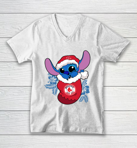 Boston Red Sox Christmas Stitch In The Sock Funny Disney MLB V-Neck T-Shirt 2