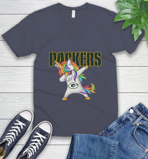 Green Bay Packers NFL Football Funny Unicorn Dabbing Sports V-Neck T-Shirt 9