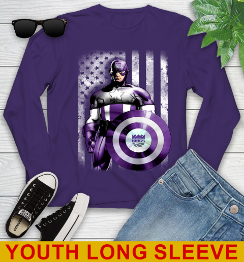 Sacramento Kings NBA Basketball Captain America Marvel Avengers American Flag Shirt Youth Long Sleeve 4