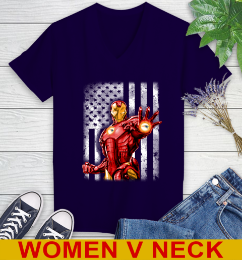 New England Patriots NFL Football Iron Man Avengers American Flag Shirt Women's V-Neck T-Shirt - Image 4