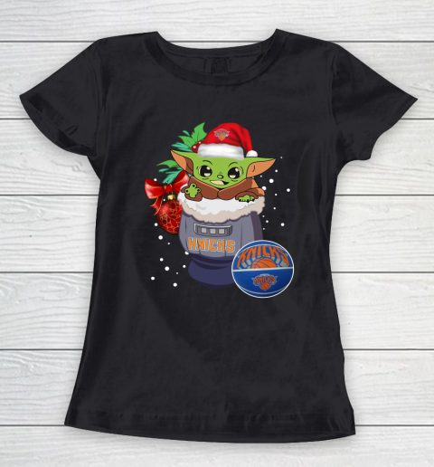 New York Knicks Christmas Baby Yoda Star Wars Funny Happy NBA Women's T-Shirt 2