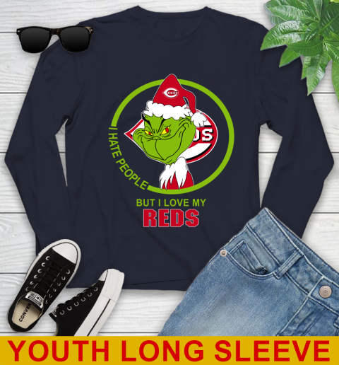 Cincinnati Reds MLB Christmas Grinch I Hate People But I Love My Favorite Baseball Team Youth Long Sleeve 3