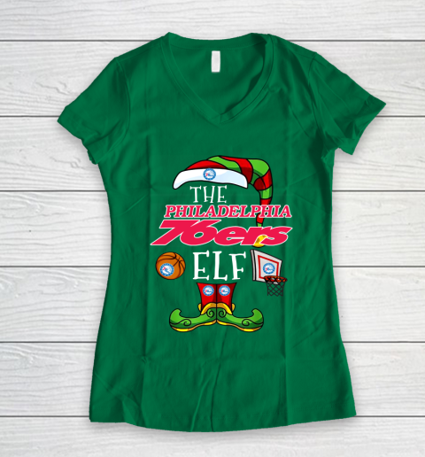 Philadelphia 76ers Christmas ELF Funny NBA Women's V-Neck T-Shirt 3
