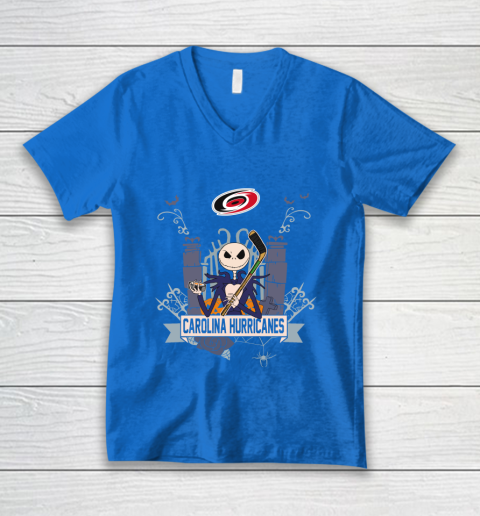 NHL Carolina Hurricanes Hockey Jack Skellington Halloween V-Neck T-Shirt 5