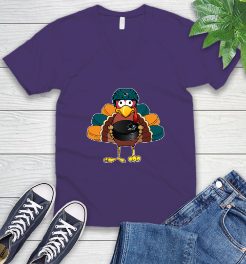 San Jose Sharks Turkey Thanksgiving Day V-Neck T-Shirt 10