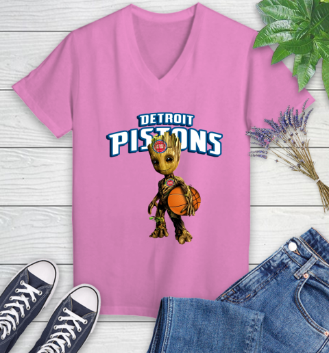 Detroit Pistons NBA Basketball Groot Marvel Guardians Of The Galaxy Women's V-Neck T-Shirt 14