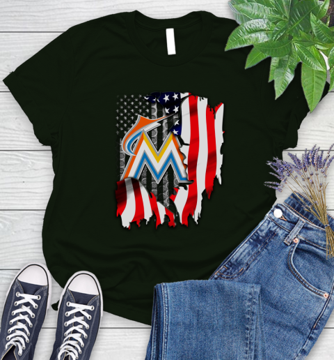 Miami Marlins MLB Baseball American Flag Women's T-Shirt 6
