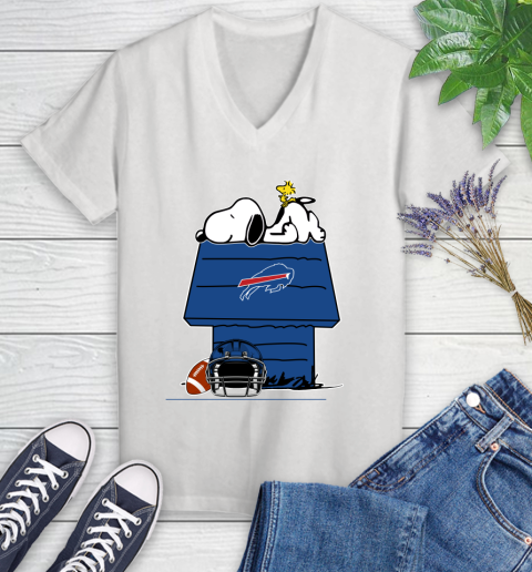 Buffalo Bills NFL Football Snoopy Woodstock The Peanuts Movie Women's V-Neck T-Shirt