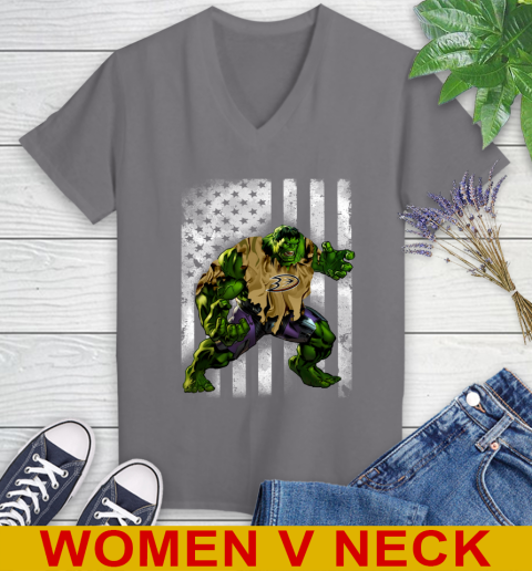 Anaheim Ducks Hulk Marvel Avengers NHL Hockey American Flag Women's V-Neck T-Shirt 11