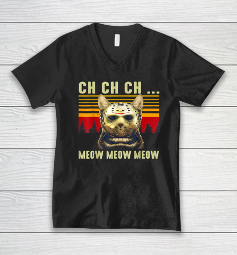 Ch Ch Ch Meow Meow Scary Friday Costume Halloween Cat V-Neck T-Shirt