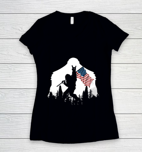Bigfoot Victorty sign Peace USA Flag in the forest Camping Women's V-Neck T-Shirt