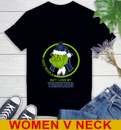 New York Yankees MLB Christmas Grinch I Hate People But I Love My Favorite Baseball Team Women's V-Neck T-Shirt 2