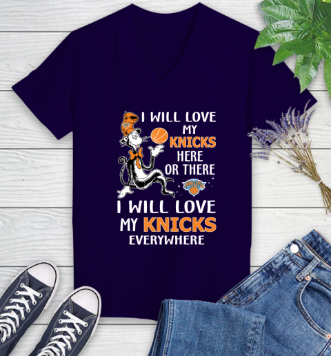 NBA Basketball New York Knicks I Will Love My Knicks Everywhere Dr Seuss Shirt Women's V-Neck T-Shirt 3
