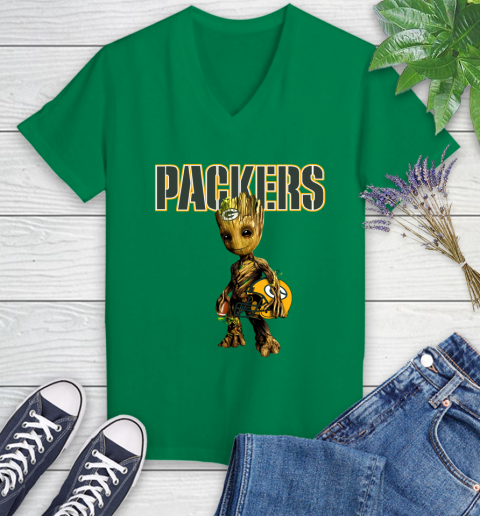 Green Bay Packers NFL Football Groot Marvel Guardians Of The Galaxy Women's V-Neck T-Shirt 5