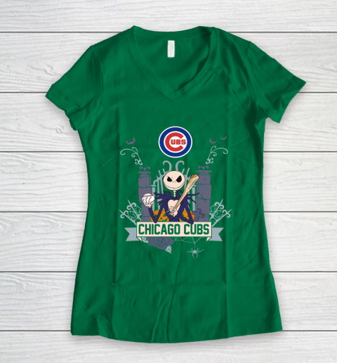 MLB Chicago Cubs Baseball Jack Skellington Halloween Women's V-Neck T-Shirt 3