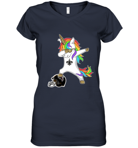 lgtt football dabbing unicorn steps on helmet new orleans saints women v neck t shirt 39 front navy