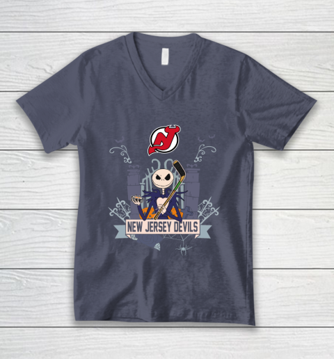 NHL New Jersey Devils Hockey Jack Skellington Halloween V-Neck T-Shirt 7