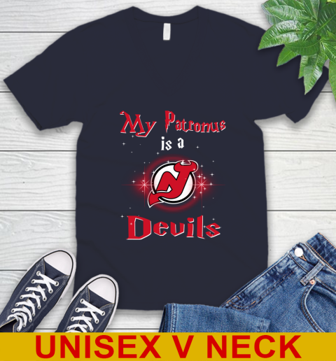 NHL Hockey Harry Potter My Patronus Is A New Jersey Devils V-Neck T-Shirt 2