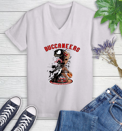 NFL Tampa Bay Buccaneers Football Venom Groot Guardians Of The Galaxy Women's V-Neck T-Shirt