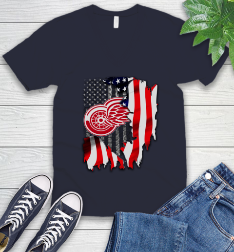 Detroit Red Wings NHL Hockey American Flag V-Neck T-Shirt 2