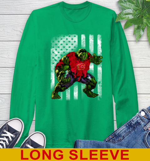 Calgary Flames Hulk Marvel Avengers NHL Hockey American Flag Long Sleeve T-Shirt 8