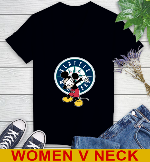 Seattle Mariners MLB Baseball Dabbing Mickey Disney Sports Women's V-Neck T-Shirt 2
