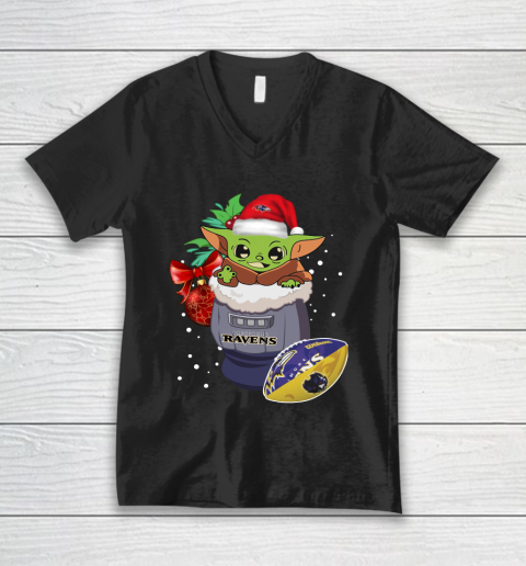 Baltimore Ravens Christmas Baby Yoda Star Wars Funny Happy NFL V-Neck T-Shirt