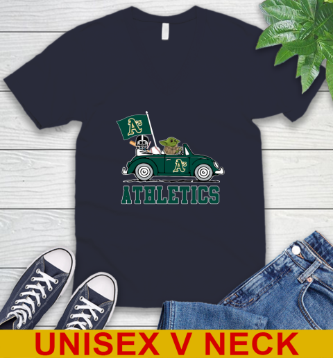 MLB Baseball Oakland Athletics Darth Vader Baby Yoda Driving Star Wars Shirt V-Neck T-Shirt 3