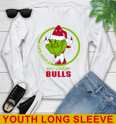 Chicago Bulls NBA Christmas Grinch I Hate People But I Love My Favorite Basketball Team Youth Long Sleeve