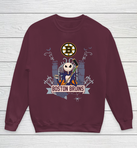 NHL Boston Bruins Hockey Jack Skellington Halloween Youth Sweatshirt 4