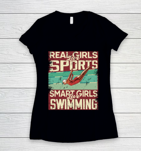 Real girls love sports smart girls love swimming Women's V-Neck T-Shirt