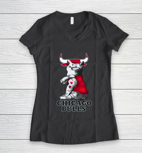 NBA Basketball My Cat Loves Chicago Bulls Women's V-Neck T-Shirt 6