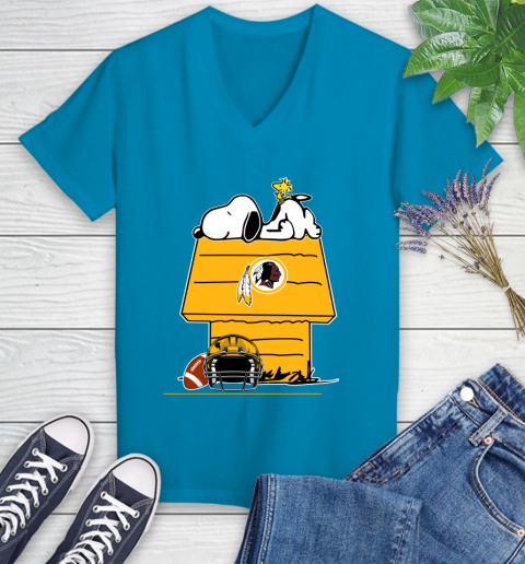Washington Redskins NFL Football Snoopy Woodstock The Peanuts Movie Women's V-Neck T-Shirt 7