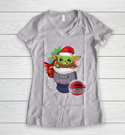 Houston Rockets Christmas Baby Yoda Star Wars Funny Happy NBA Women's V-Neck T-Shirt 2