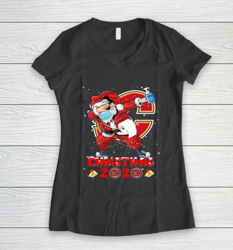 Calgary Flames Funny Santa Claus Dabbing Christmas 2020 NHL Women's V-Neck T-Shirt 6