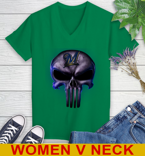Milwaukee Brewers MLB Baseball Punisher Skull Sports Women's V-Neck T-Shirt 5