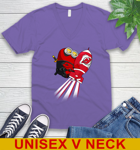 NHL Hockey New Jersey Devils Deadpool Minion Marvel Shirt V-Neck T-Shirt 9 NHL Hockey New Jersey Devils Deadpool Minion Marvel Shirt V-Neck T-Shirt - Image 9