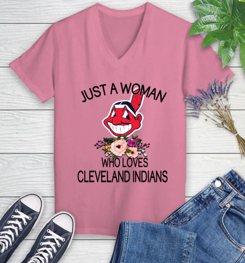 MLB Just A Woman Who Loves Cleveland Indians Baseball Sports Women's V-Neck T-Shirt 8