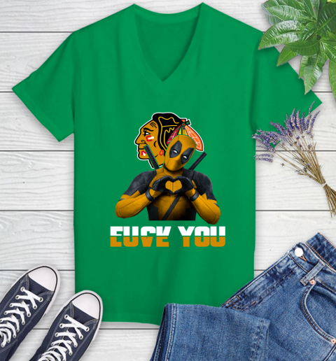 NHL Chicago Blackhawks Deadpool Love You Fuck You Hockey Sports Women's V-Neck T-Shirt 5