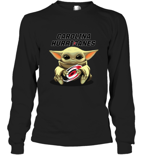 Baby Yoda Hugs The Carolina Hurricanes Ice Hockey Long Sleeve T-Shirt