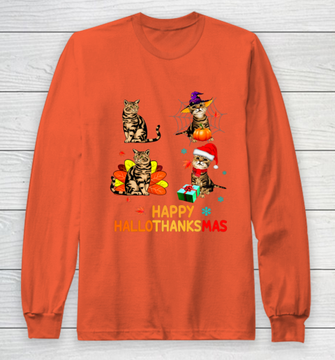 Cat Halloween Thanksgiving Christmas Happy Hallothanksmas Long Sleeve T-Shirt 3
