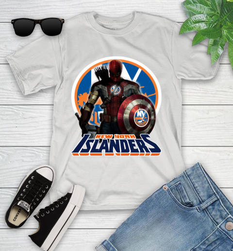 NHL Captain America Thor Spider Man Hawkeye Avengers Endgame Hockey New York Islanders Youth T-Shirt