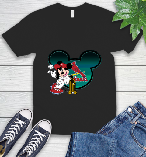 MLB St.Louis Cardinals The Commissioner's Trophy Mickey Mouse Disney V-Neck T-Shirt 2